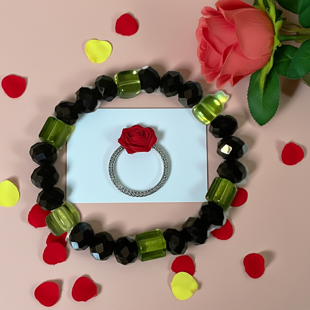 Black & Lime Green Glass Bead Stretch Bracelet
