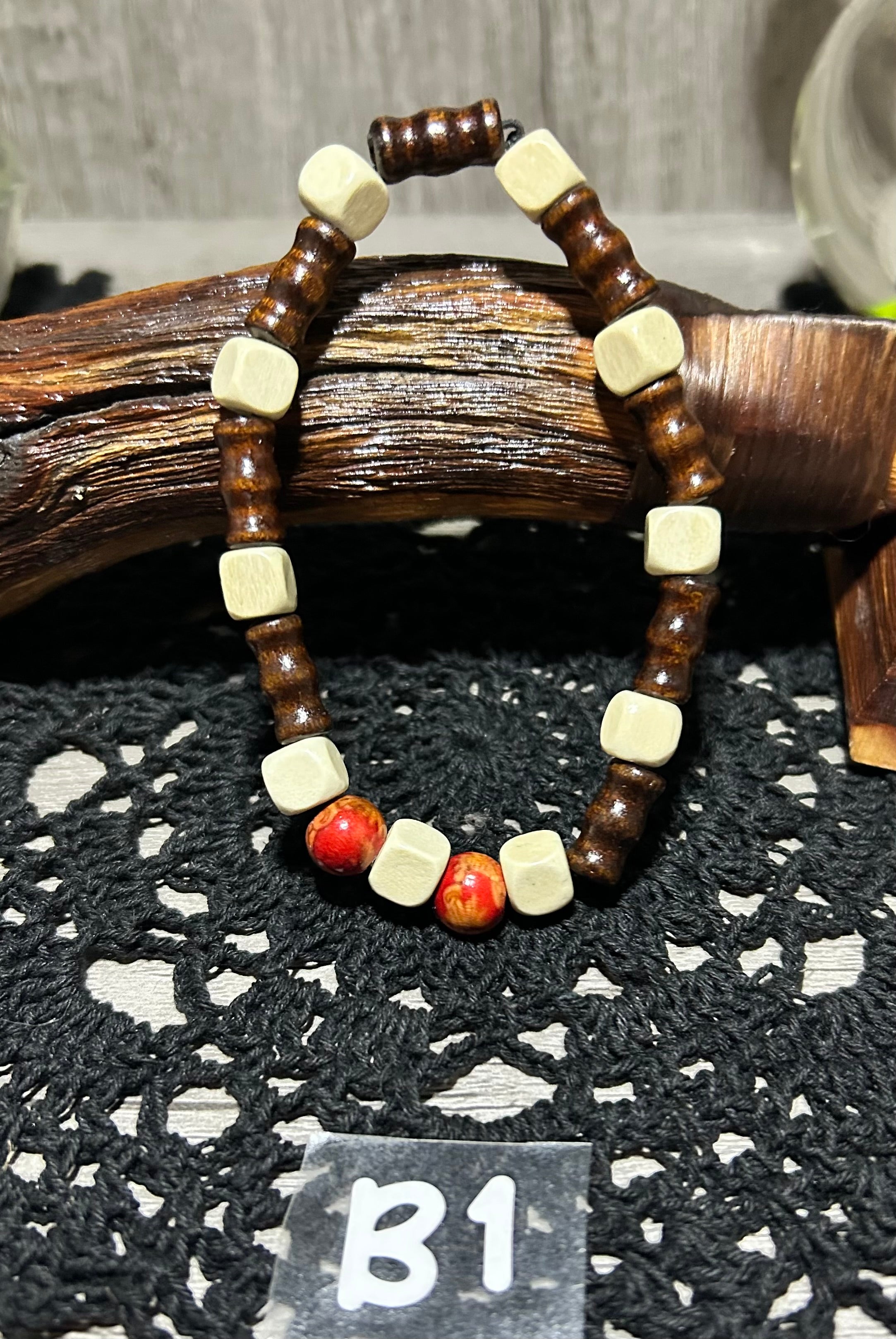 Beige & Brown Wood Bead Stretch Bracelet with Red Accents