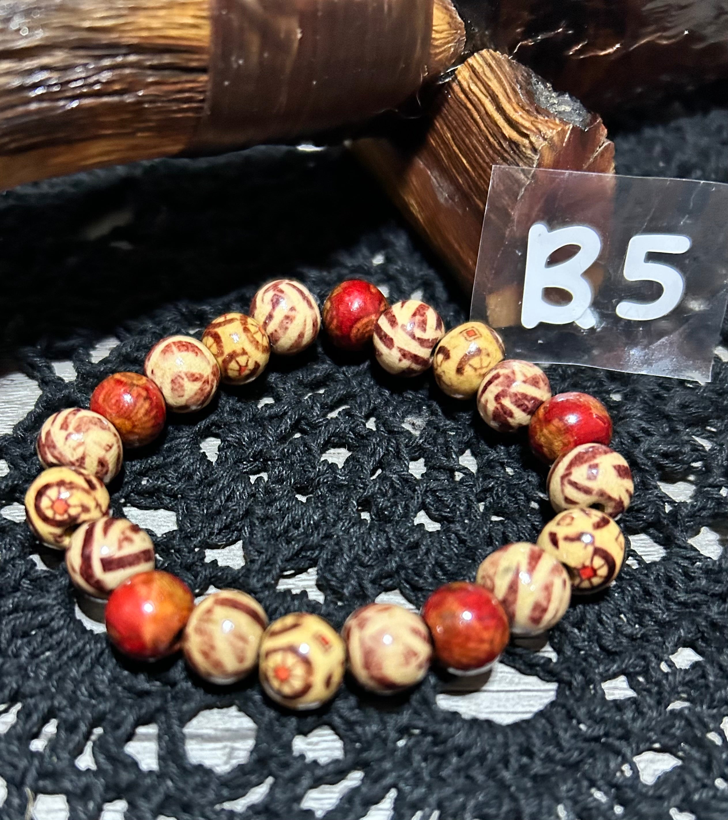 Round Designed Wood Bead Stretch Bracelet