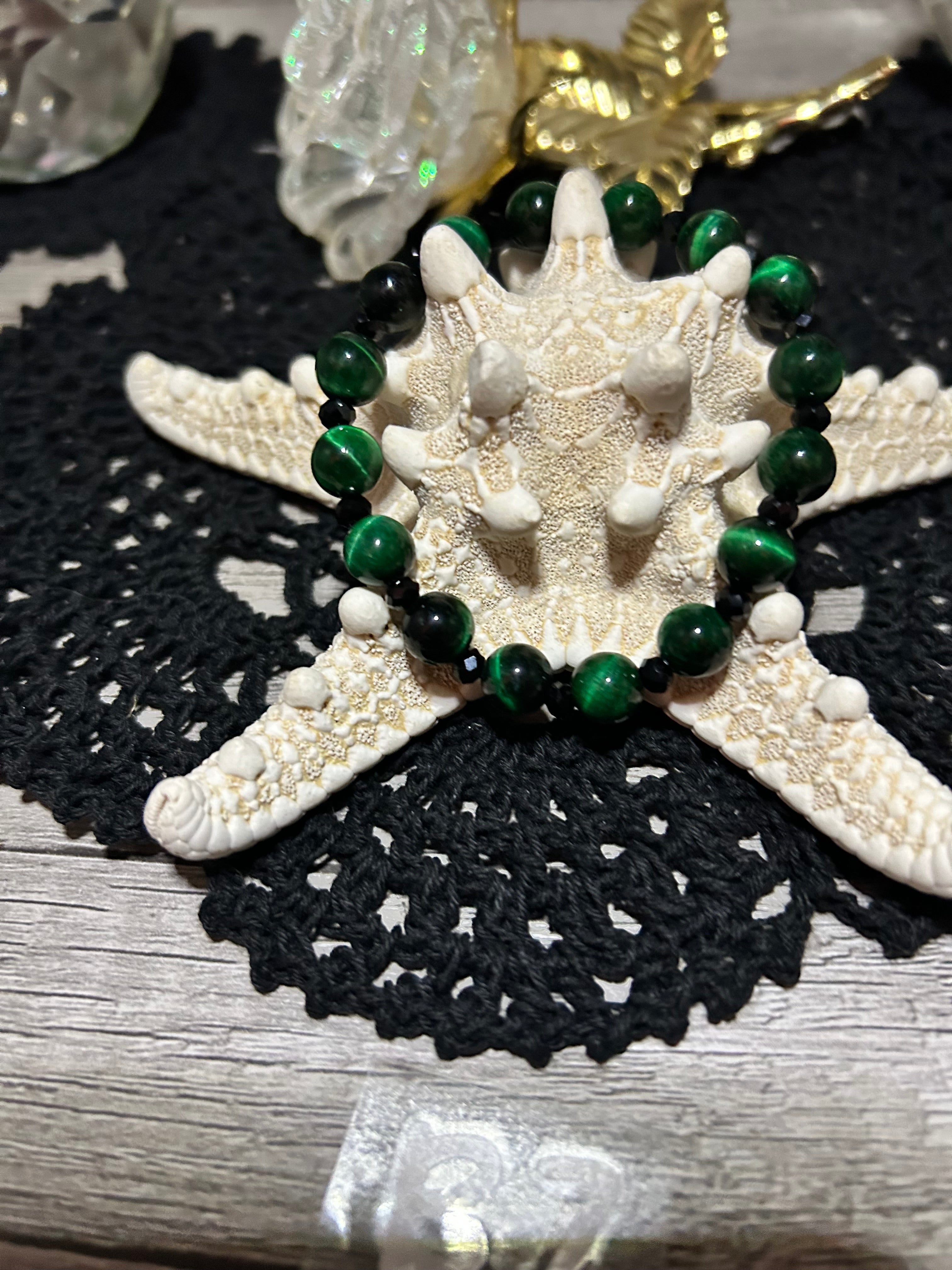 Green Tiger Eye Glass Beaded Stretch Bracelet