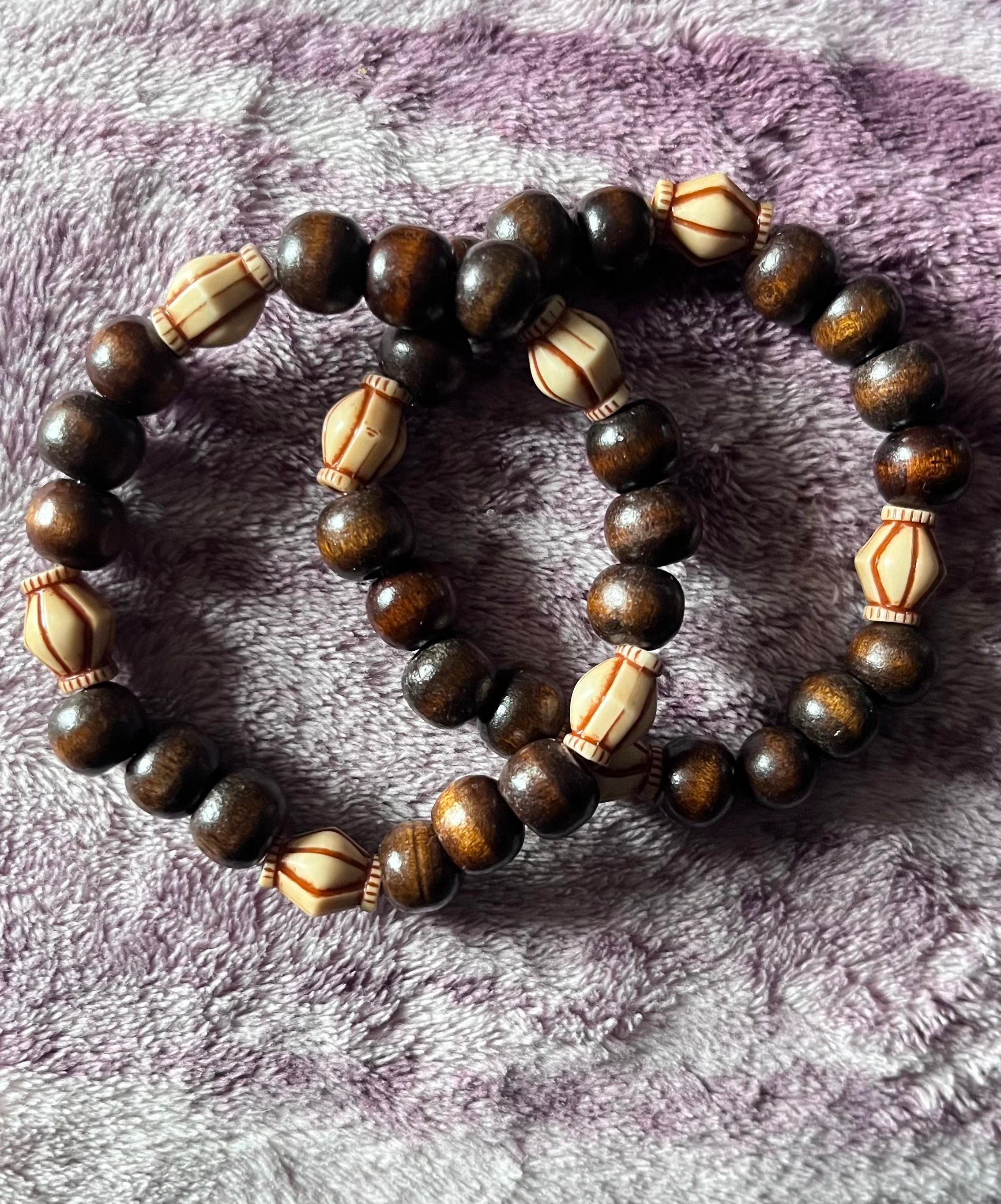 Designed Wood Bead Stretch Bracelets Set