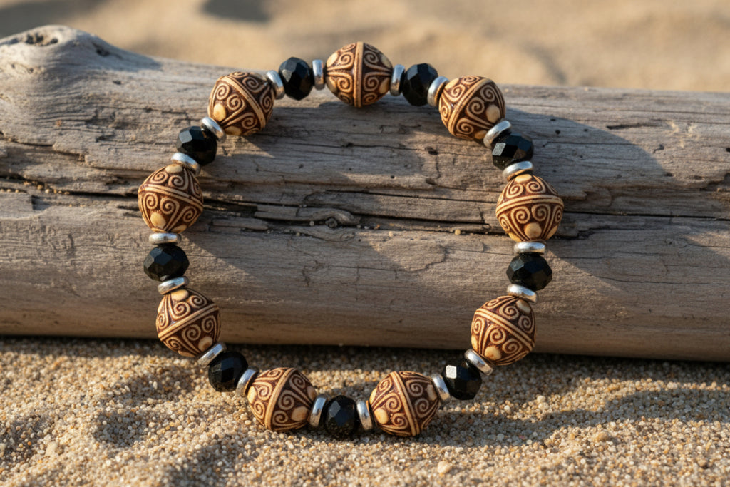 Designed Wood Bead Bracelet with Black Glass & Silver Spacers