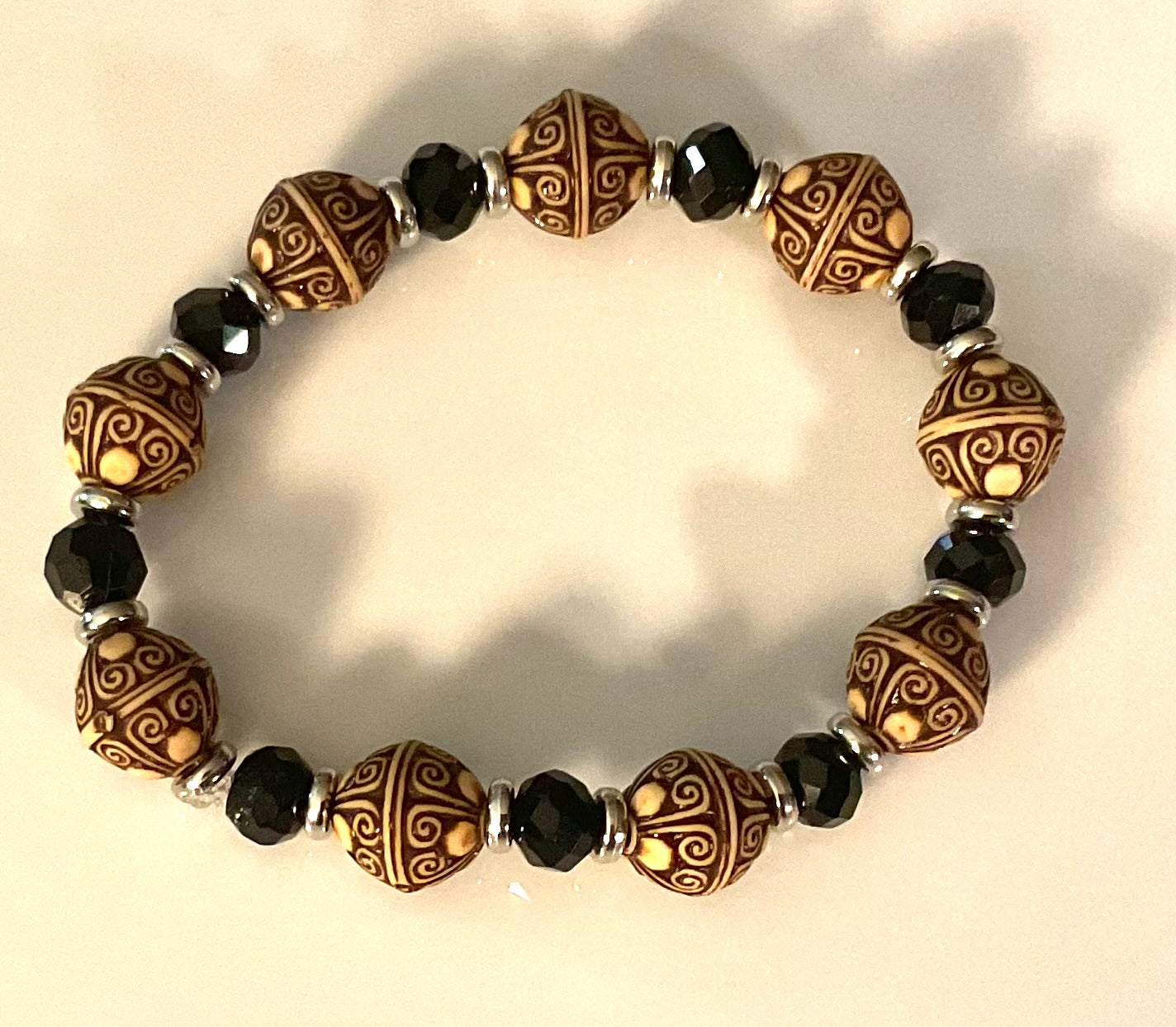 Designed Wood Bead Bracelet with Black Glass & Silver Spacers