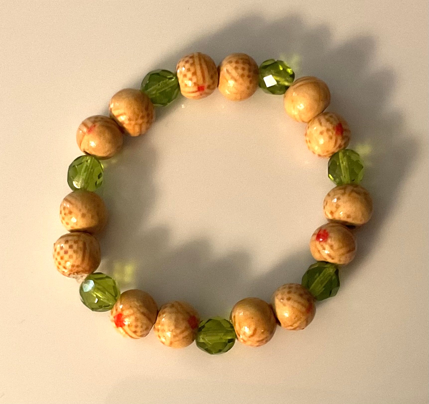 Light Brown Wood & Green Glass Bead Bracelet