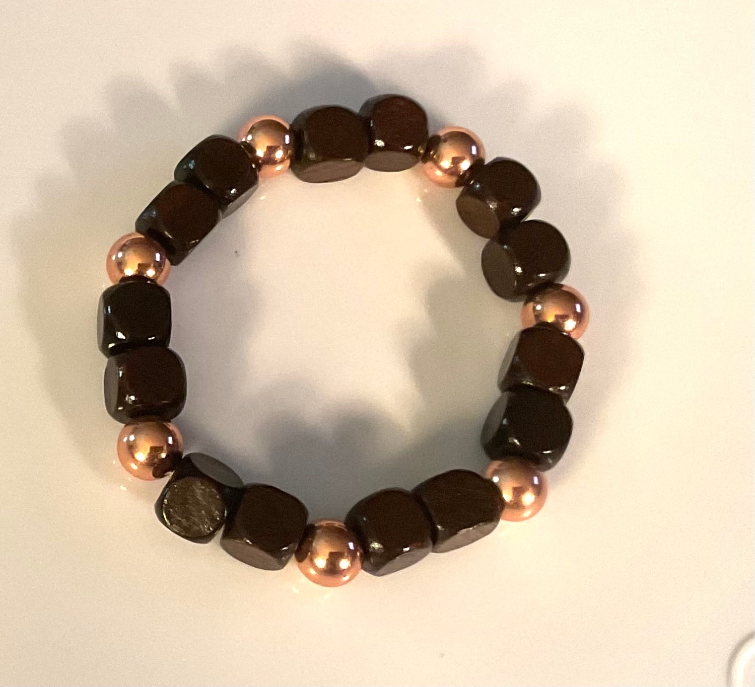 Dark Brown Square Wood Bead Bracelet with Copper Spacers