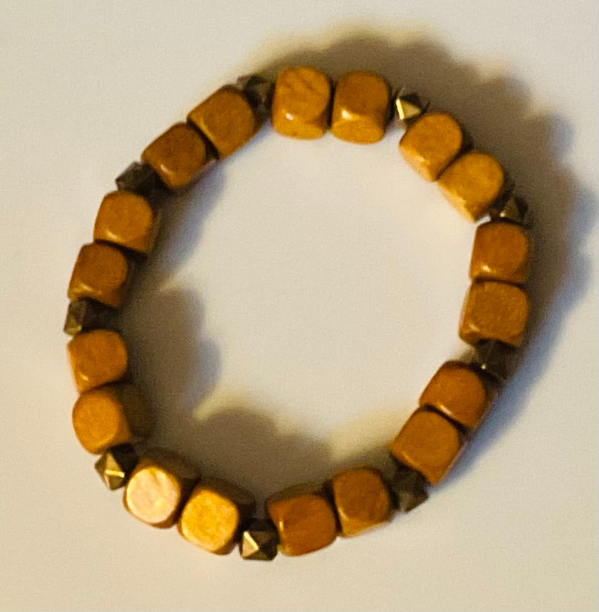 Light Square Wood Bead Bracelet with Brass Diamond Spacers