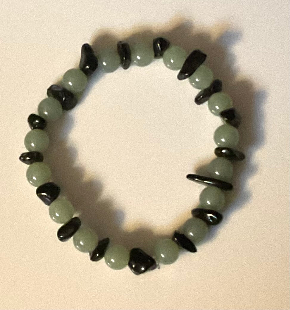 Light Green Glass Bead Bracelet with Black Rock Chips