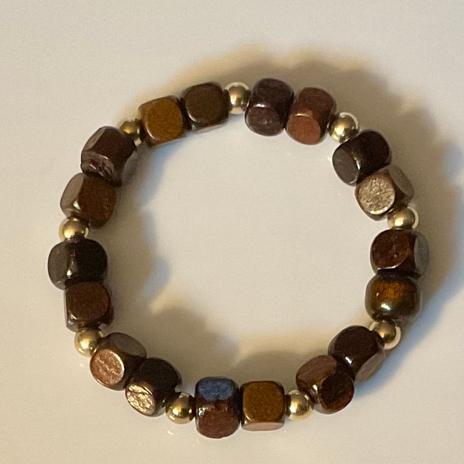 Dark Brown Square Wood Bead Bracelet with Gold Spacers