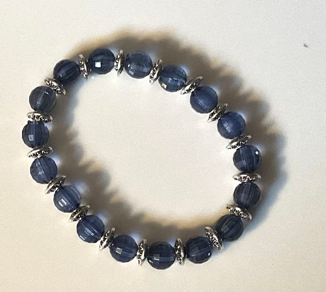 Light Blue Glass Round Bead Bracelet with Silver Spacers