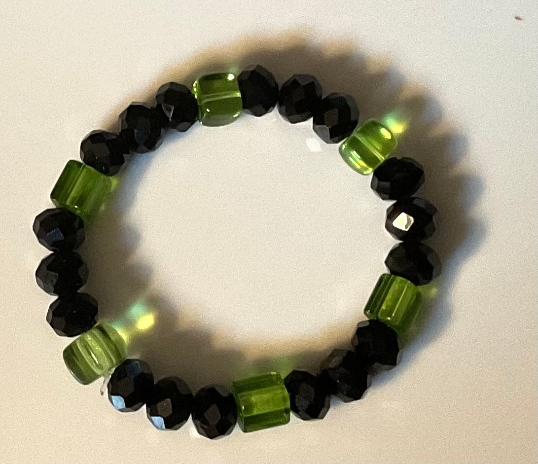 Black & Lime Green Glass Bead Stretch Bracelet