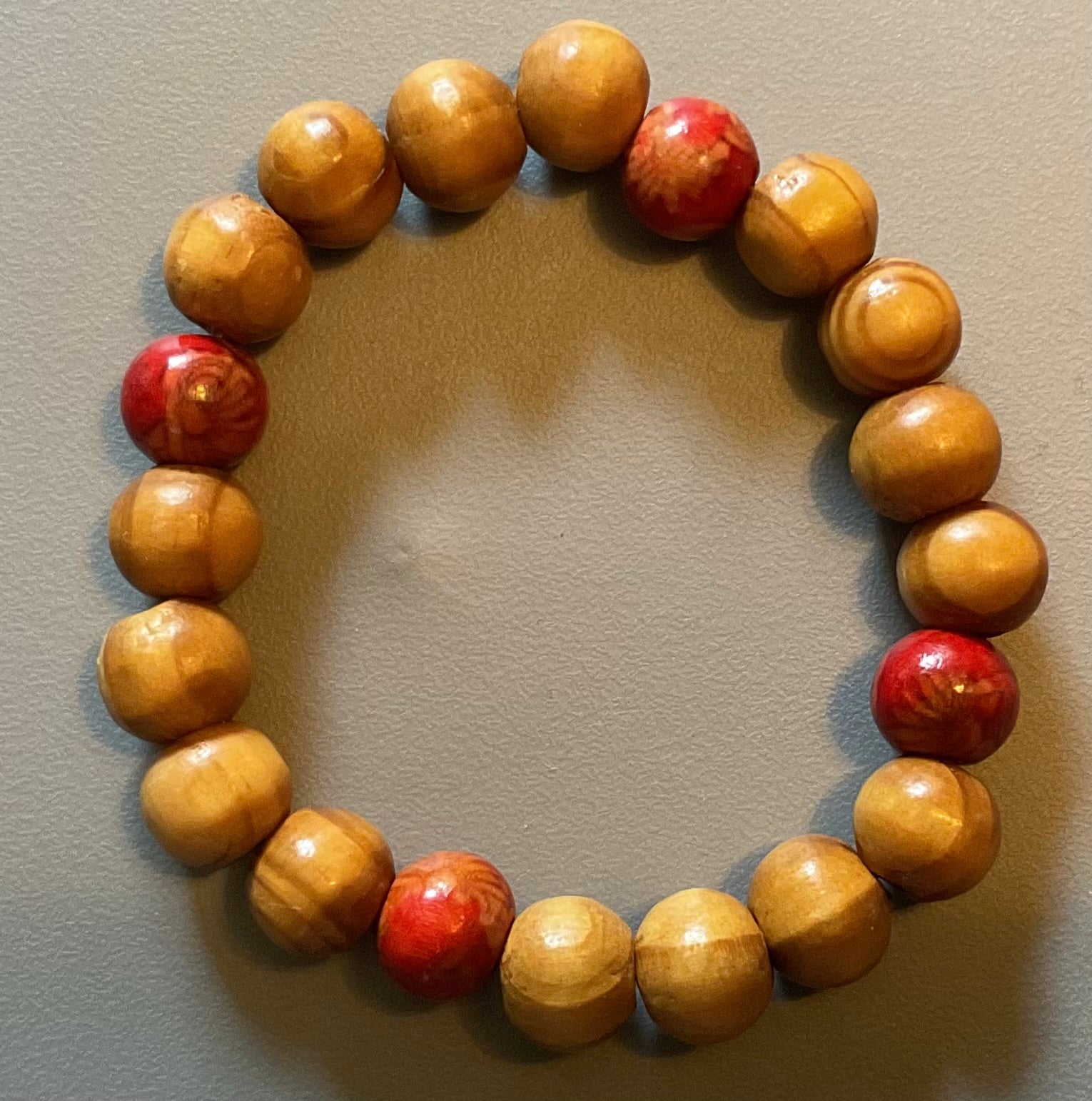 Light Brown Round Wood Beads with Red Wood Accent Beads