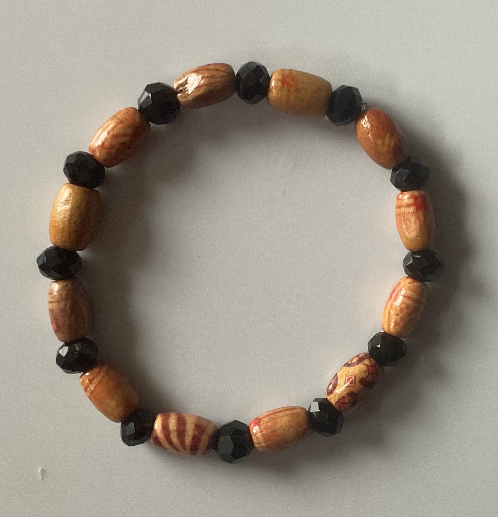 Carved Light Wood & Black Crystal Bead Bracelet