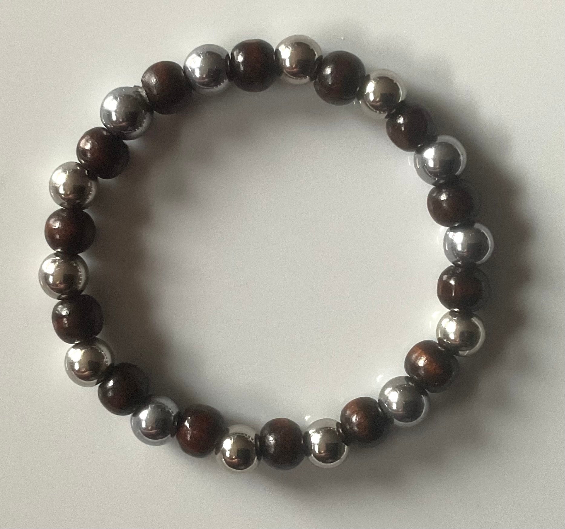 Alternating Dark Wood & Silver Bead Bracelet