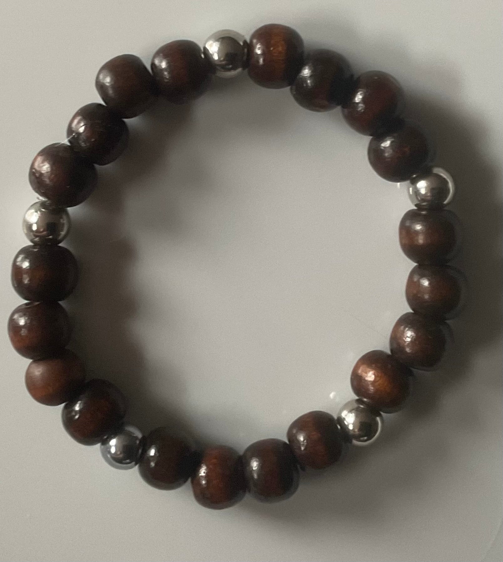 Dark Brown Wood & Silver Bead Bracelet