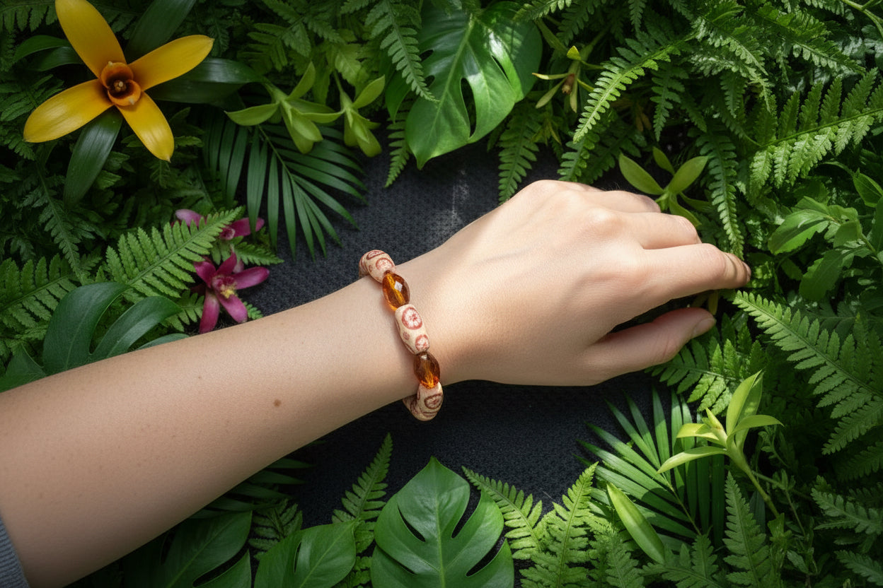 Oblong Wood & Orange Flask Beaded Bracelet
