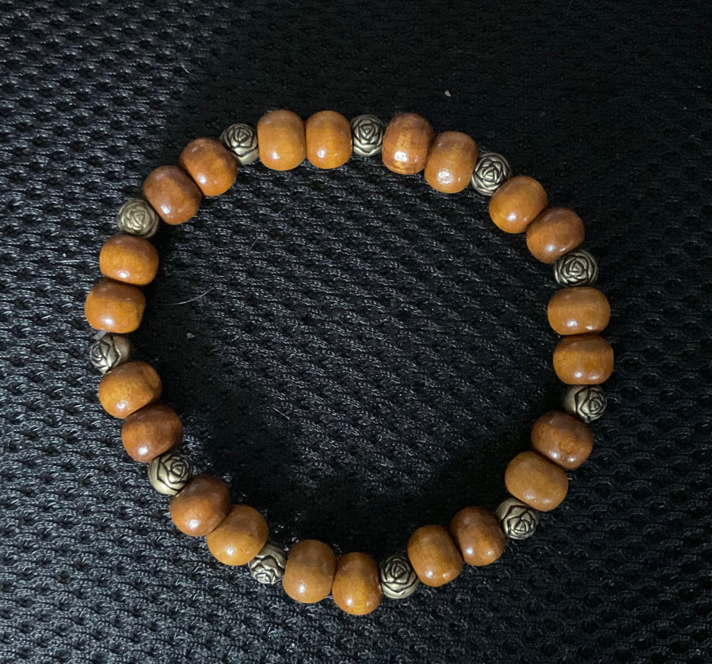 Light Brown Wood & Brass Beaded Bracelet