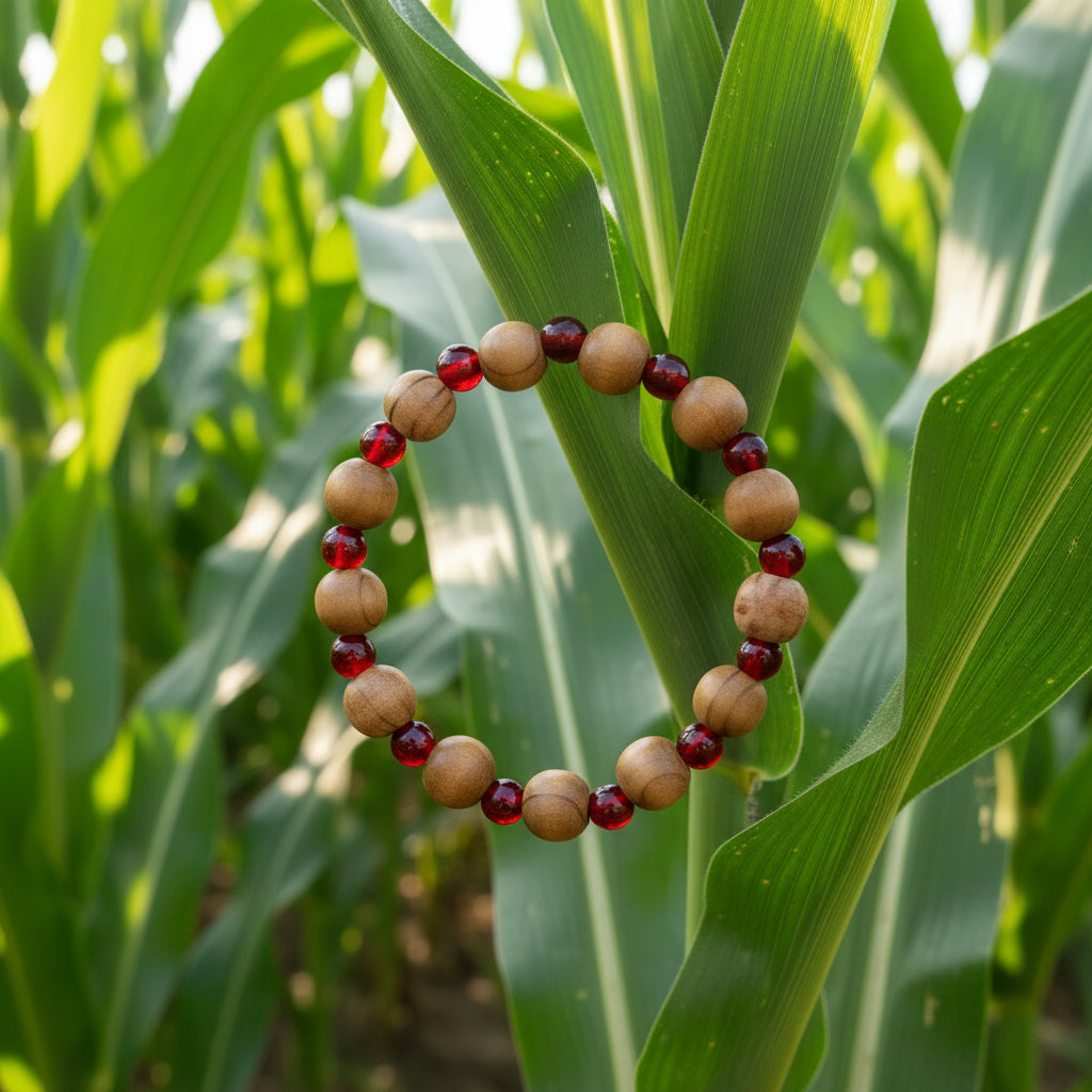 Wood Bead Bracelet with Light Red Glass Beads