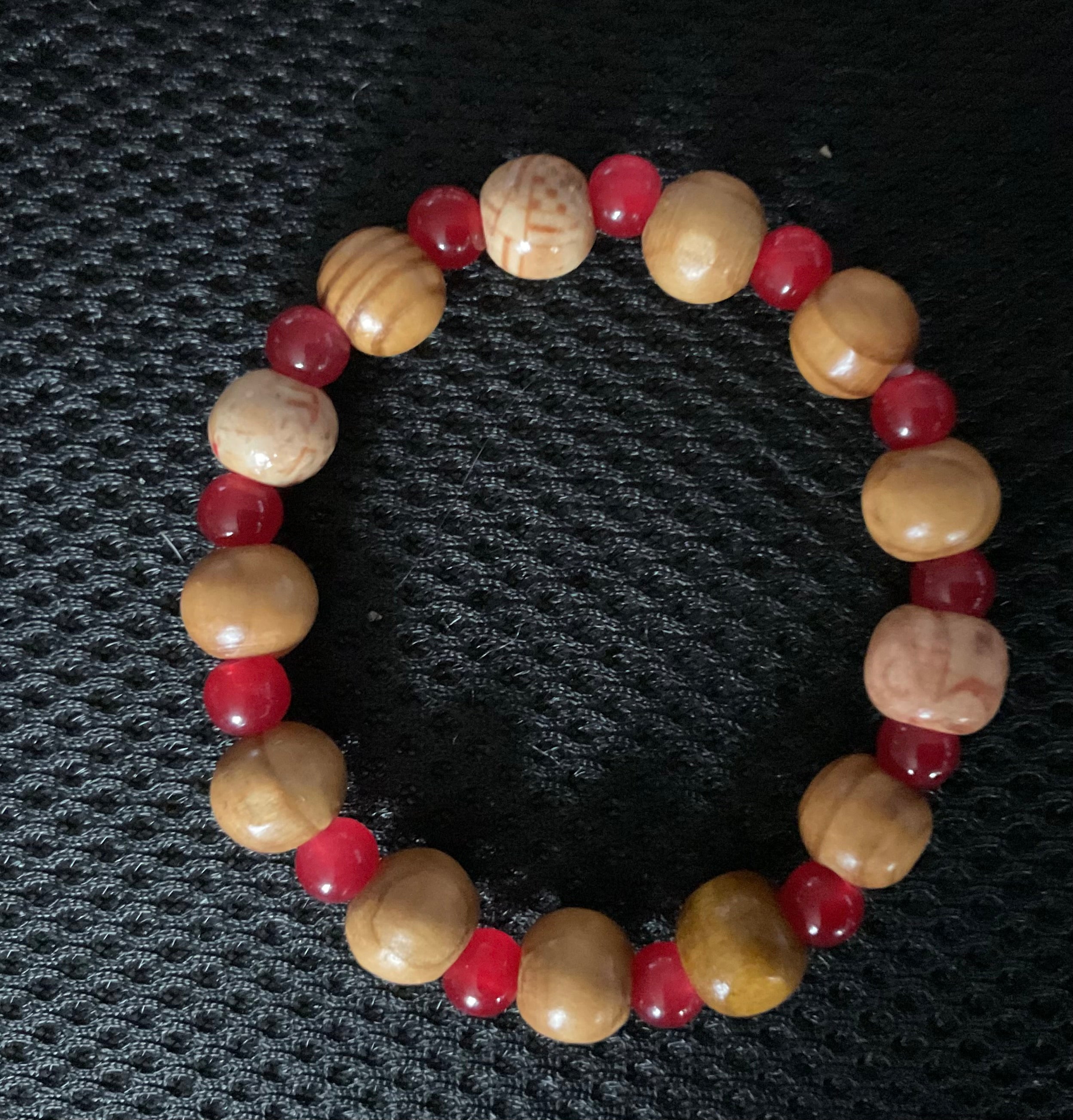 Wood Bead Bracelet with Light Red Glass Beads