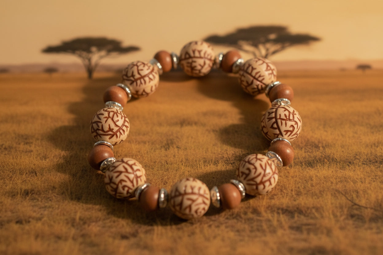 Engraved Wood Bead Bracelet with Red Wood & Silver Spacers