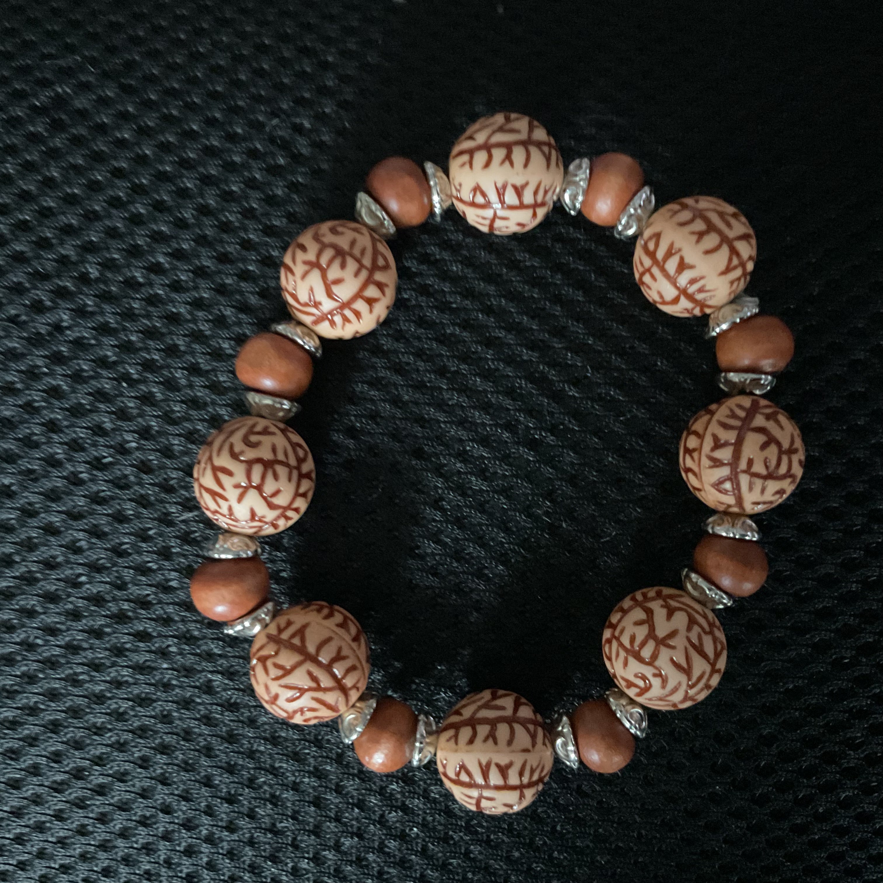 Engraved Wood Bead Bracelet with Red Wood & Silver Spacers