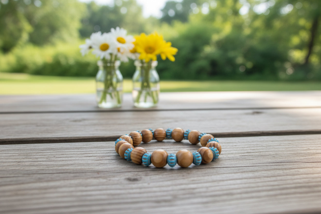 Wood Bead Bracelet with Blue Floral Glass Spacers