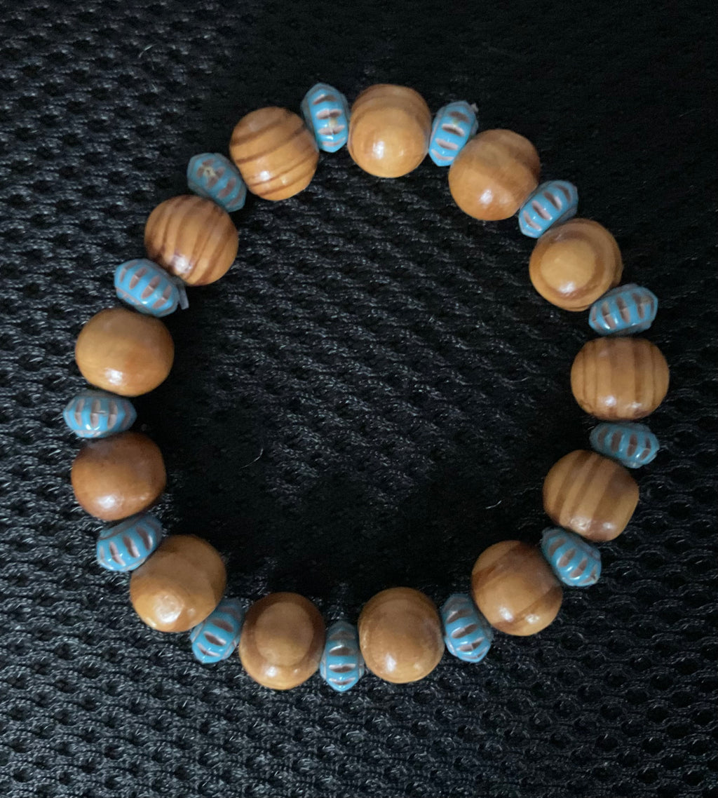 Wood Bead Bracelet with Blue Floral Glass Spacers