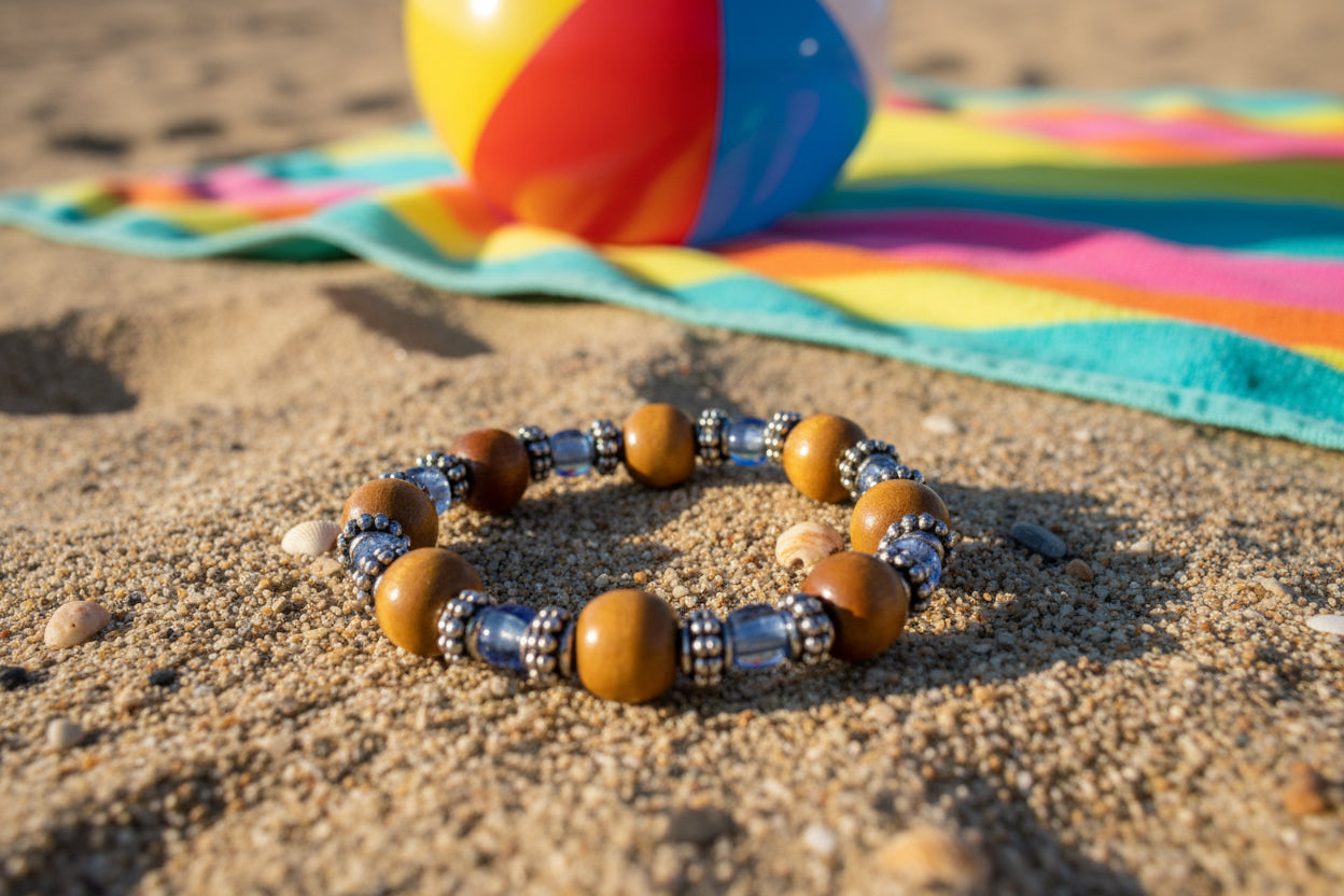 Brown Wood, Light Blue Glass & Silver Spacer Bracelet