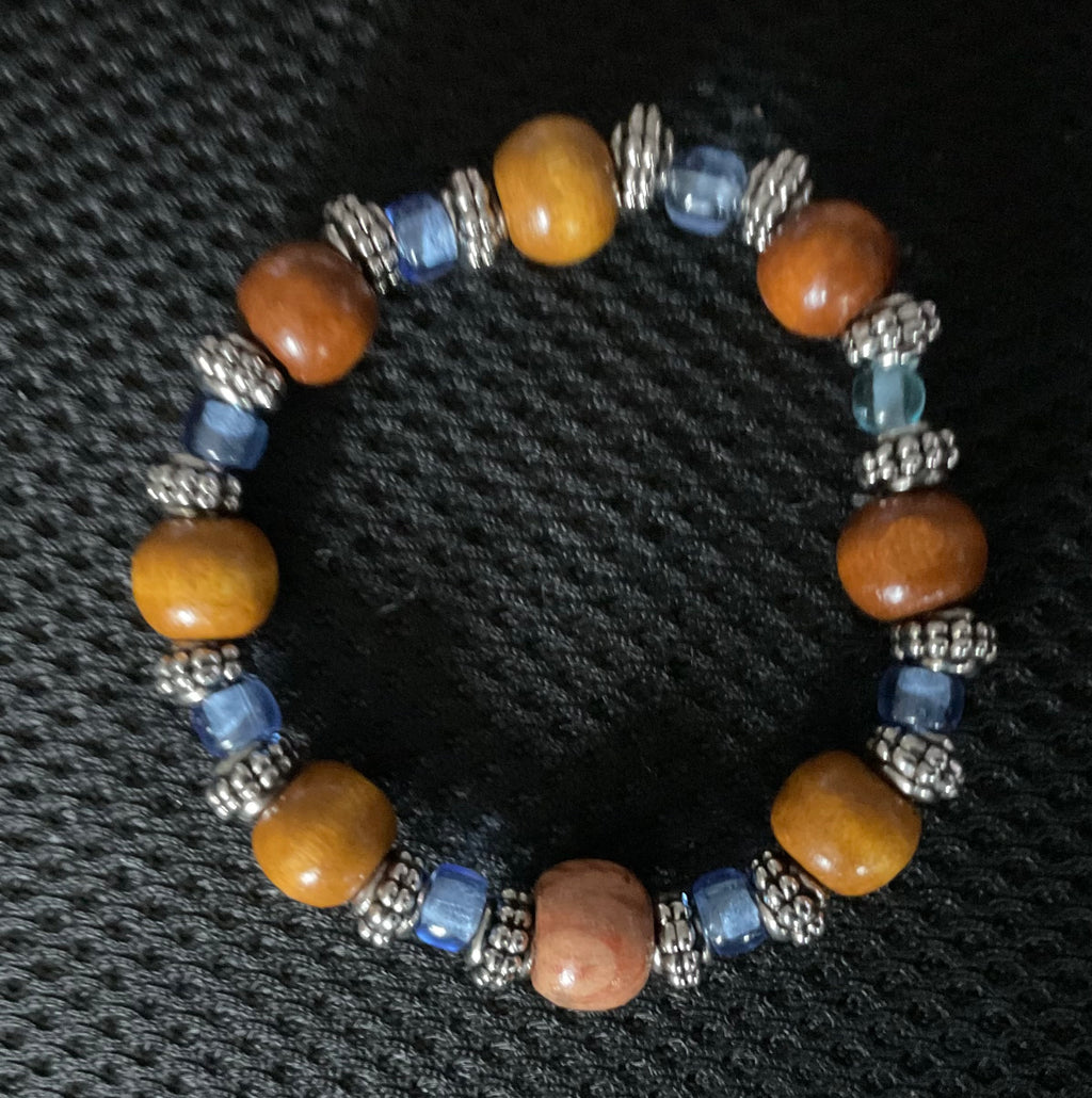 Brown Wood, Light Blue Glass & Silver Spacer Bracelet