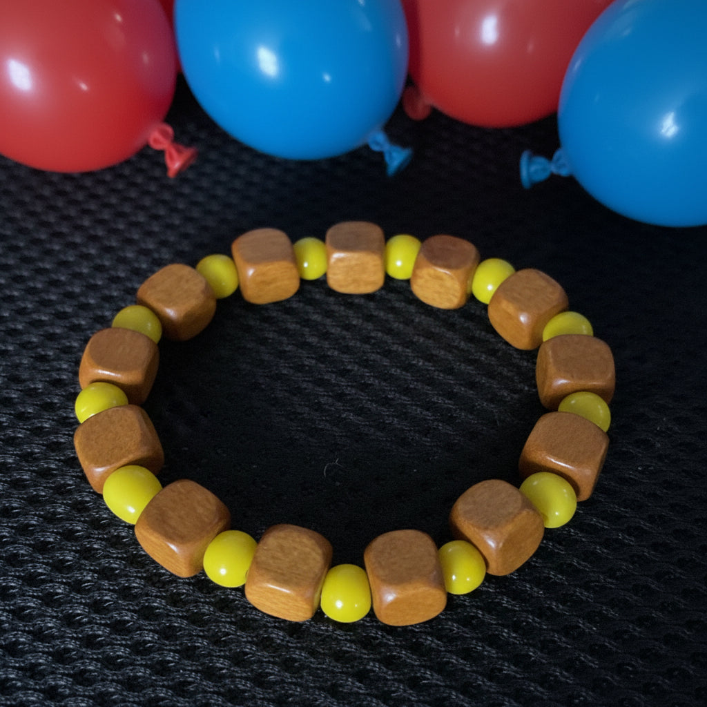 Light Brown Square Wood Bead & Yellow Glass Spacer Bracelet