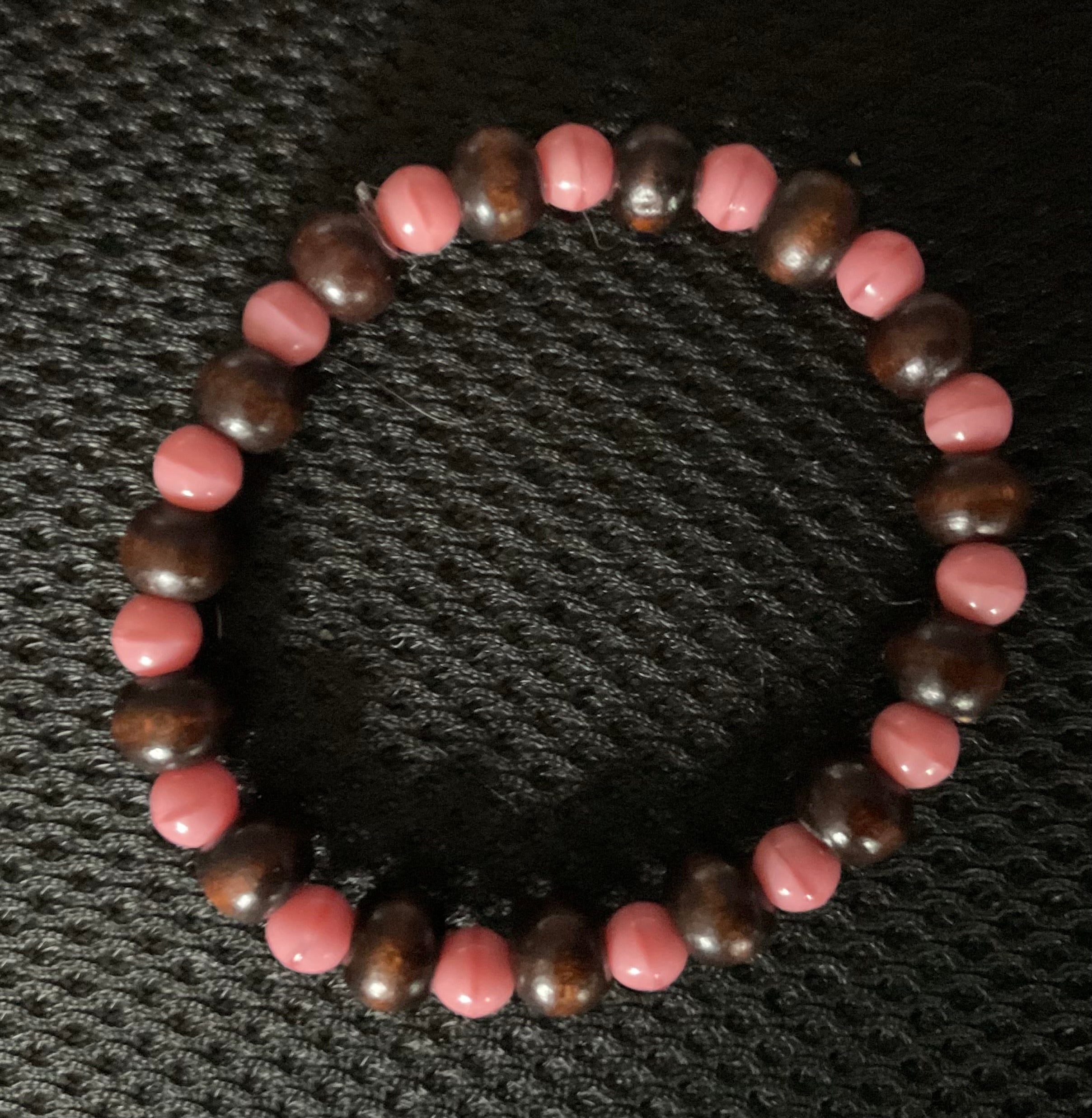 Brown Wood Bead & Pink Glass Spacer Bracelet