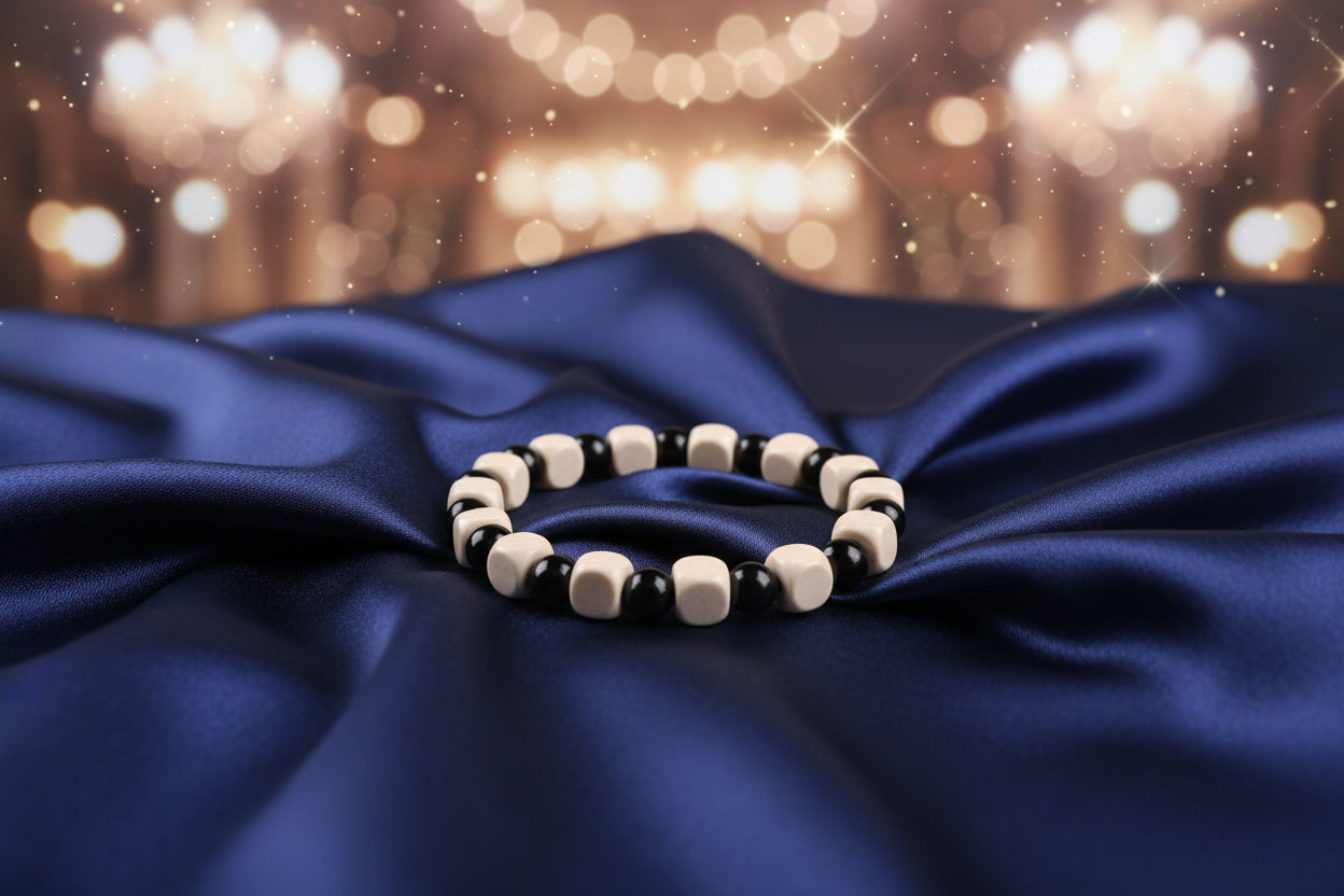 Off-White Square Wood Bead & Black Glass Bead Bracelet