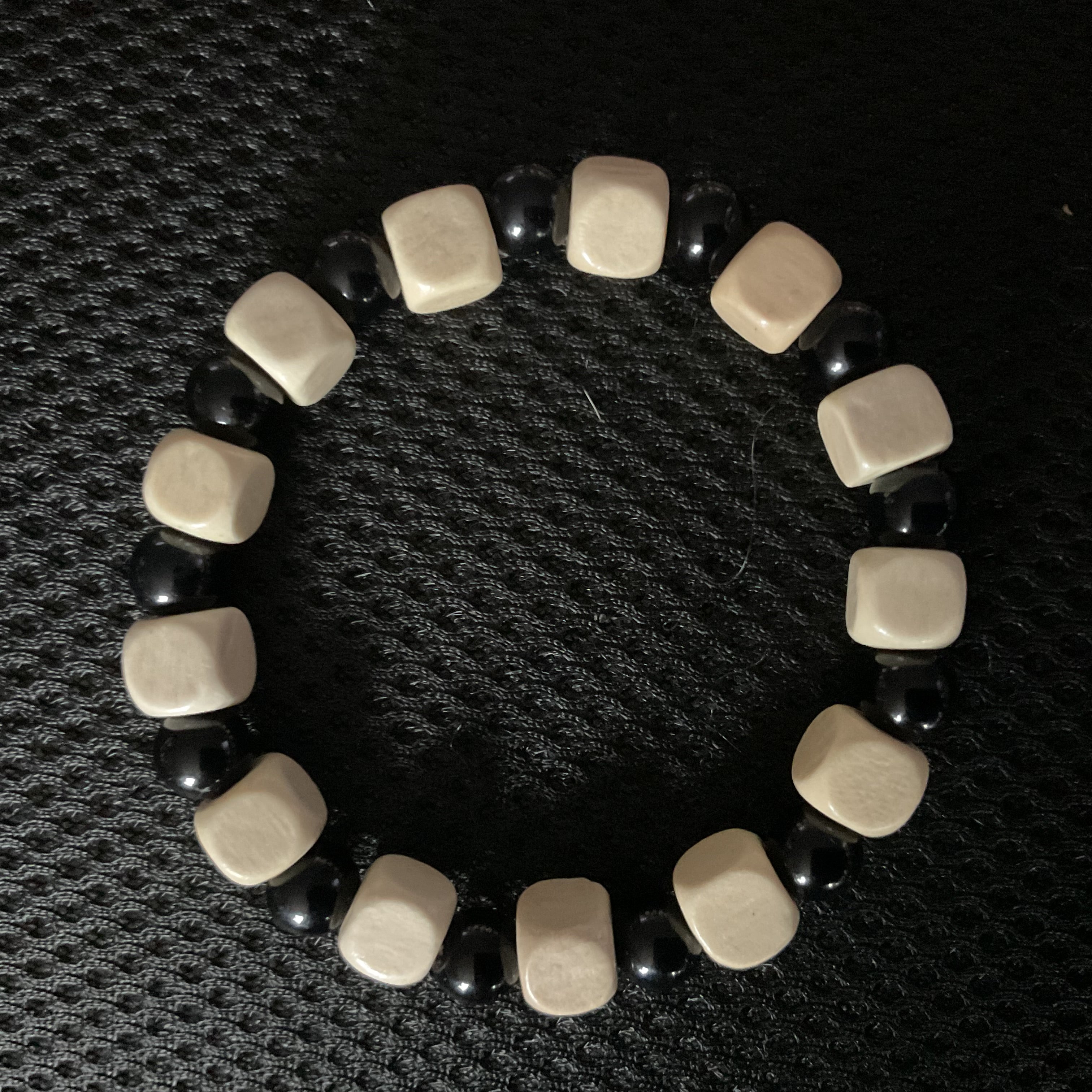 Off-White Square Wood Bead & Black Glass Bead Bracelet