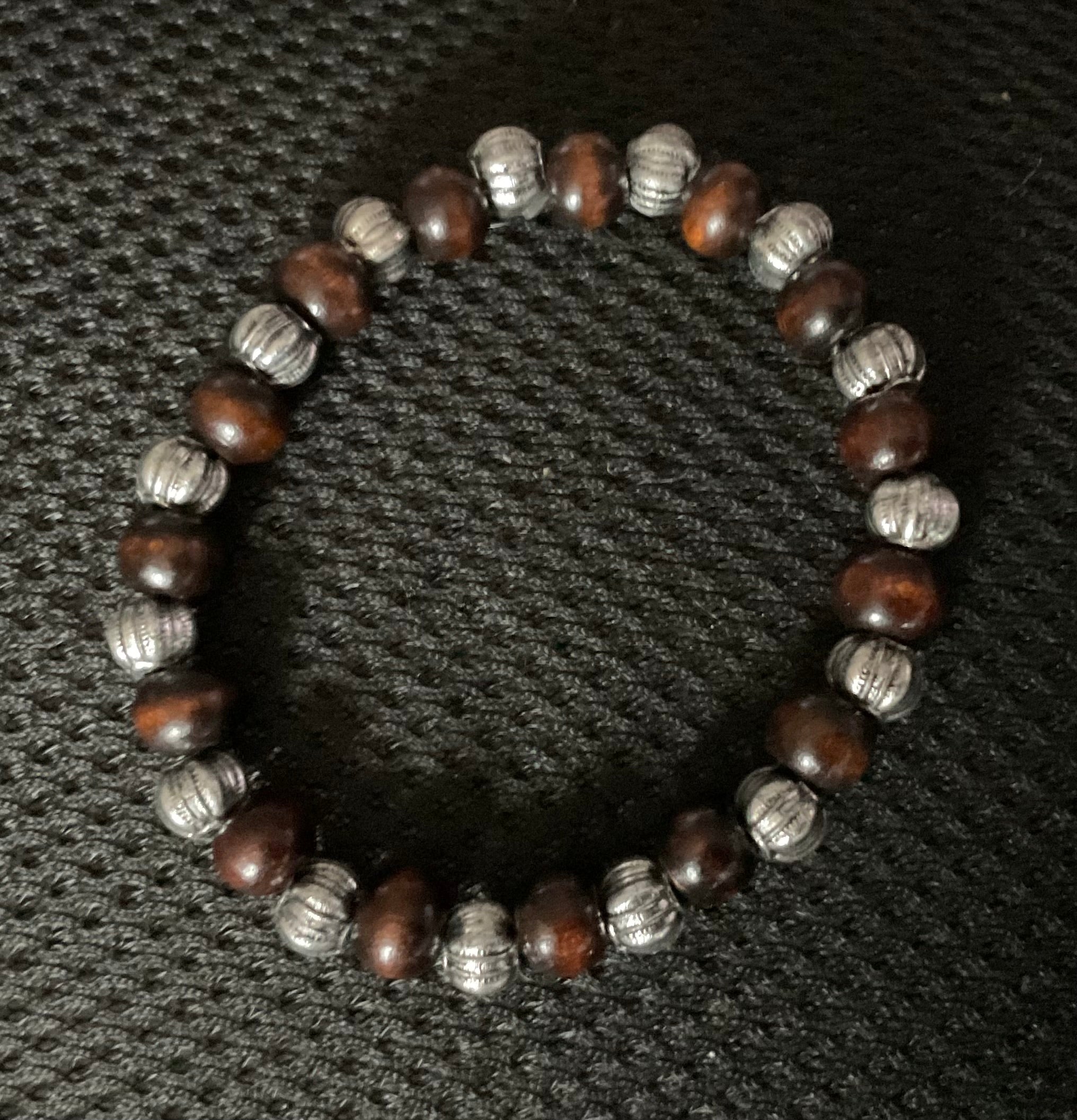 Brown Wood Bead & Silver Engraved Spacer Bracelet