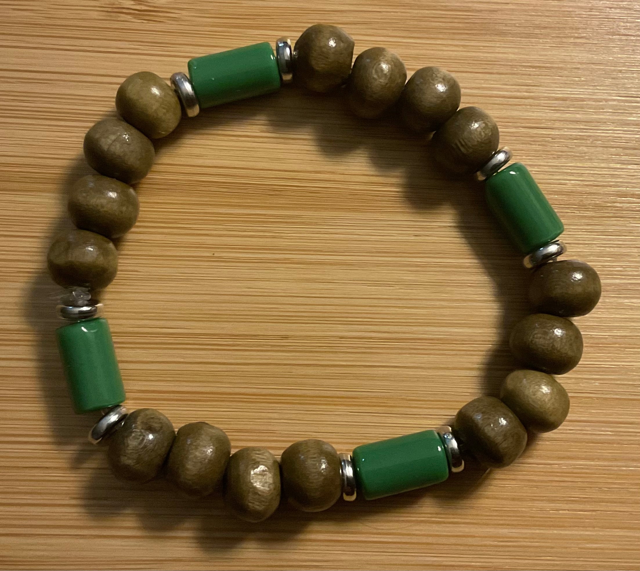 Green Pea Wood & Glass Bead Stretch Bracelet with Silver Spacers