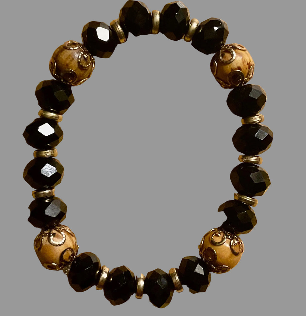 Black Glass & Wood Bead Slip-On Bracelet