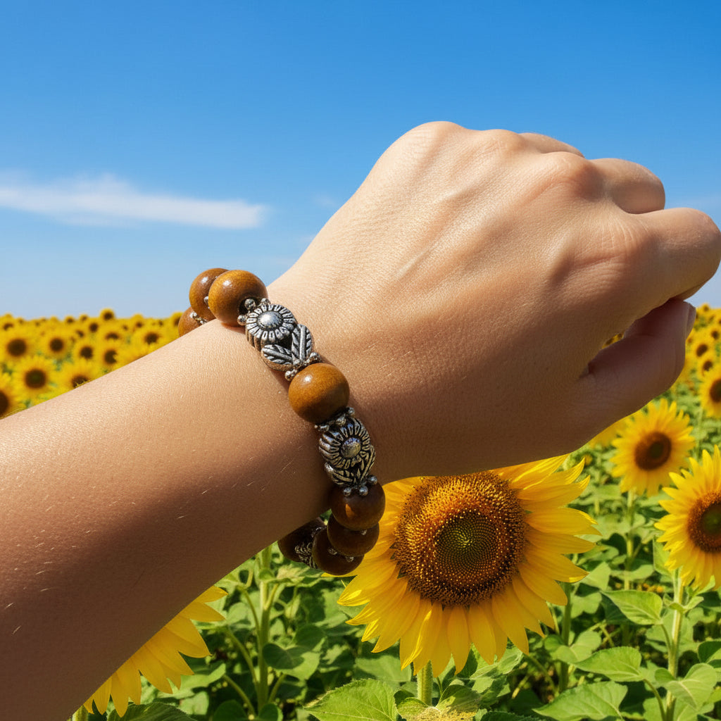 Sunflower Silver & Wood Bead Slip-On Bracelet