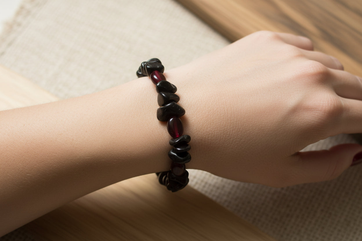 Black Glass Rock Chip & Ruby Red Beaded Bracelet