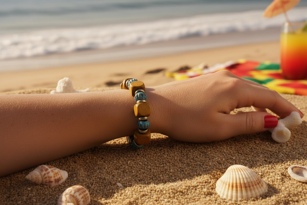 Light Brown Square Wood & Blue Floral Glass Beaded Bracelet with Gold Color Spacers