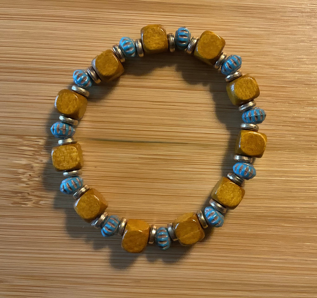 Light Brown Square Wood & Blue Floral Glass Beaded Bracelet with Gold Color Spacers