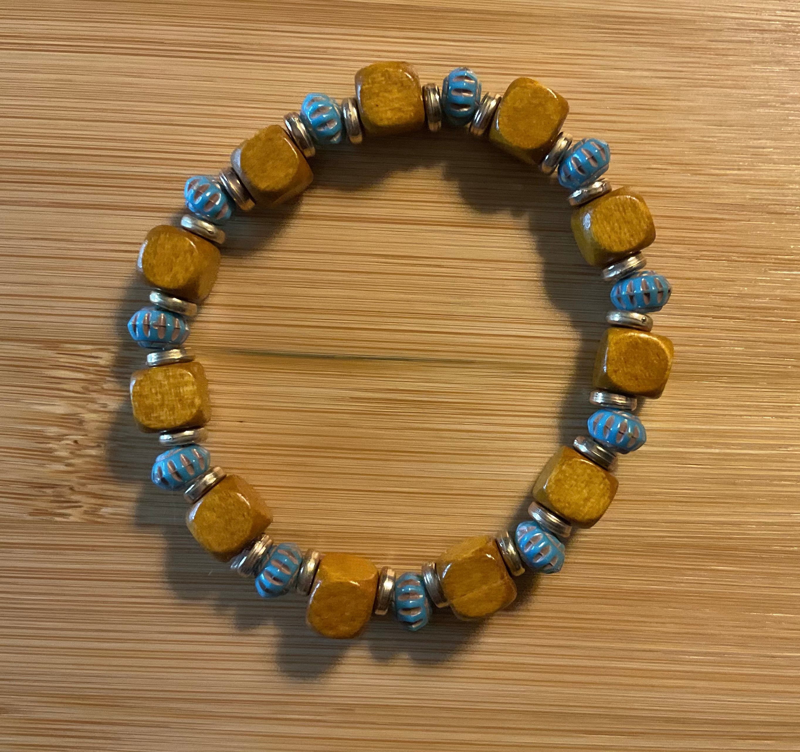 Light Brown Square Wood & Blue Floral Glass Beaded Bracelet with Gold Color Spacers