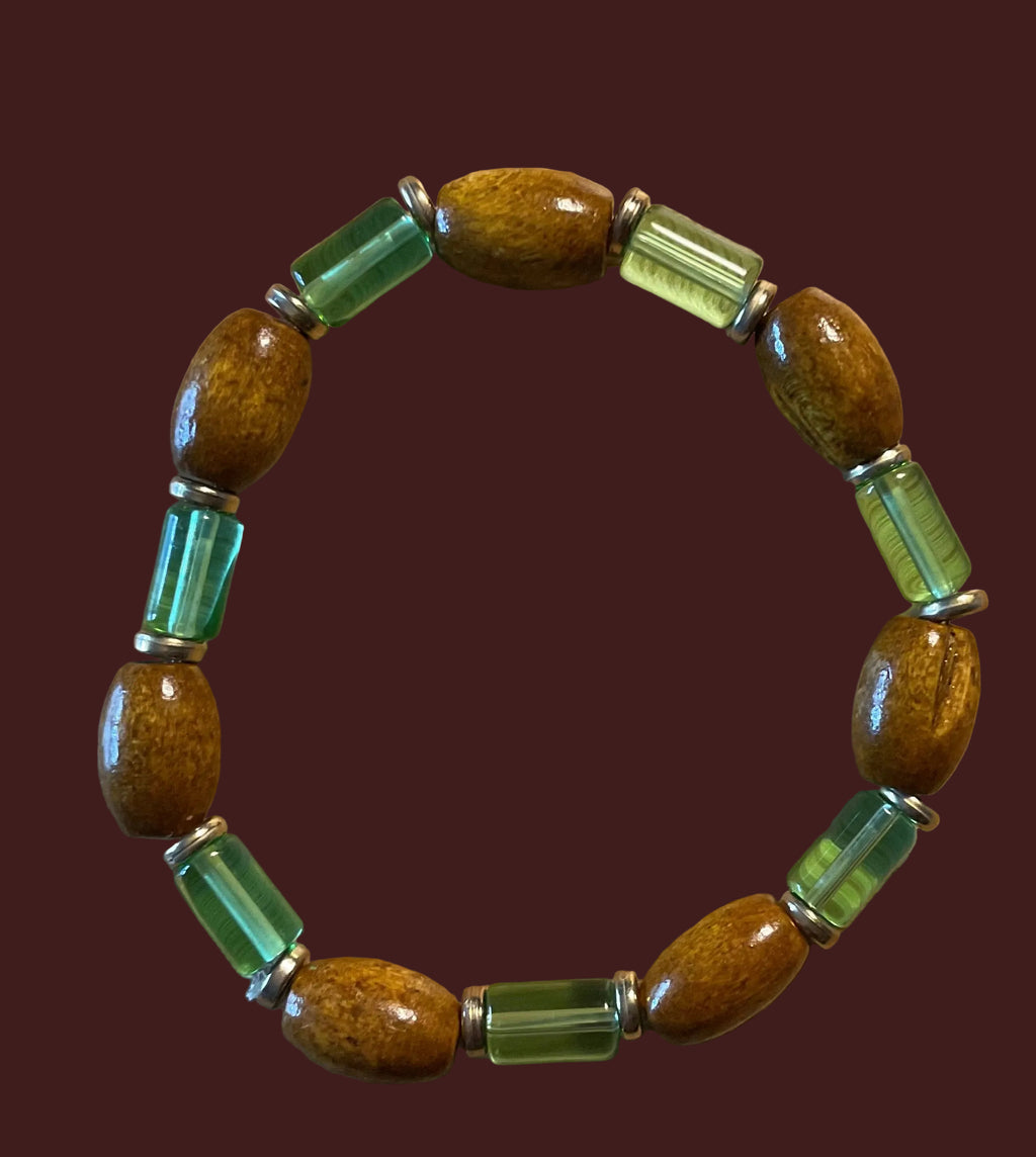Oval Wood & Light Green Glass Beaded Bracelet with Gold Color Spacers