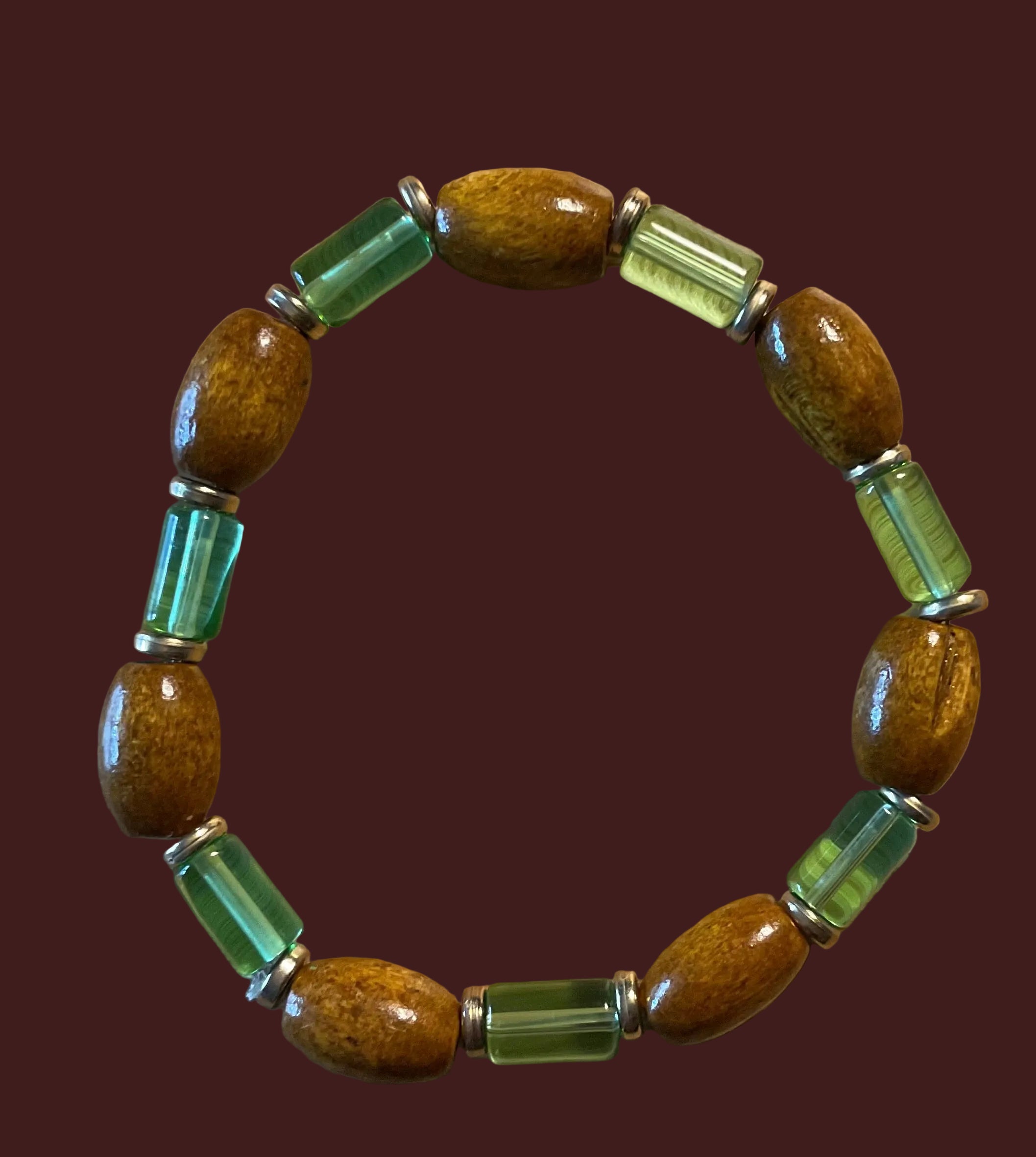 Oval Wood & Light Green Glass Beaded Bracelet with Gold Color Spacers