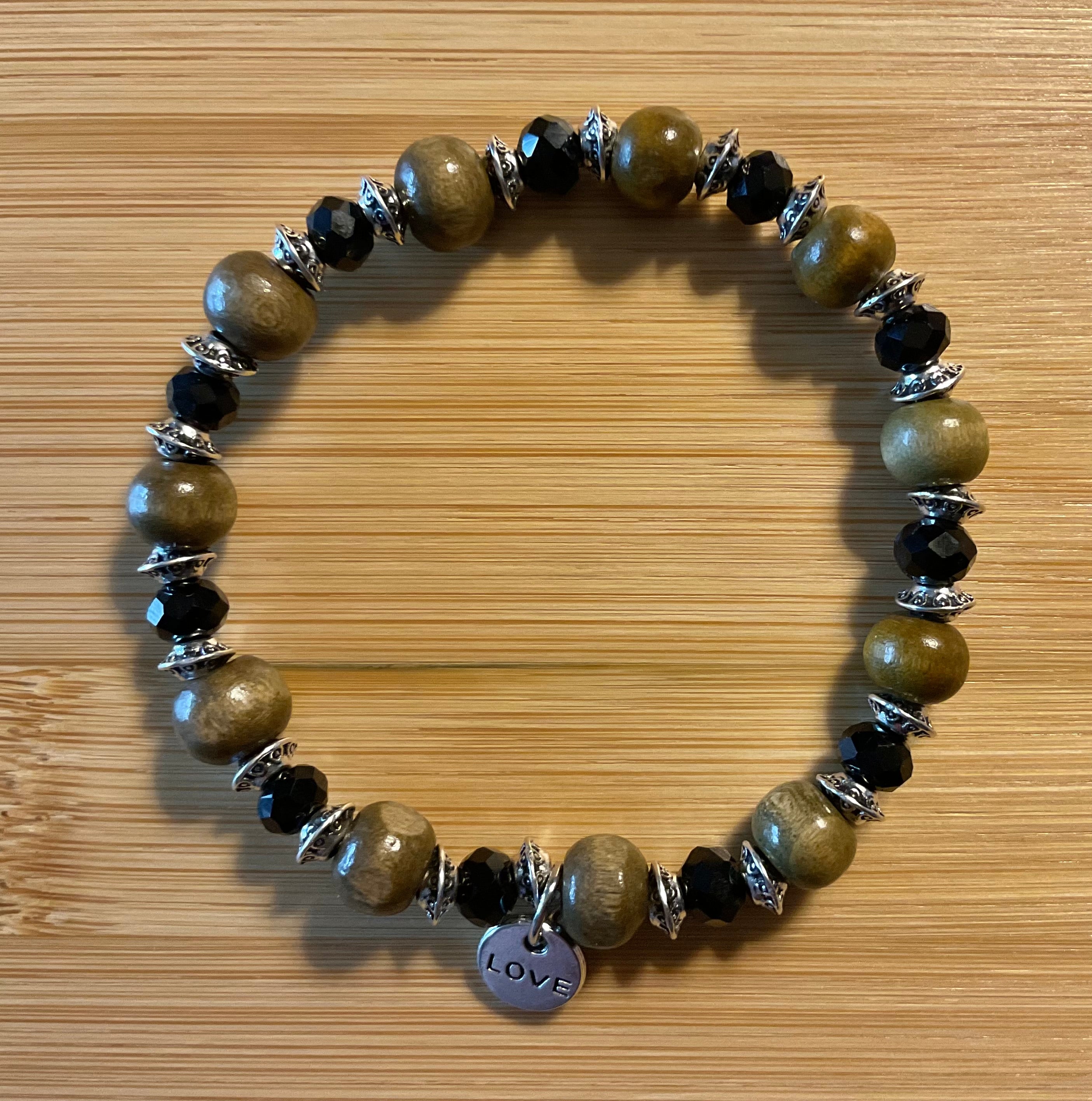 Pea Green Wood & Black Glass Beaded Bracelet with Silver Spacers
