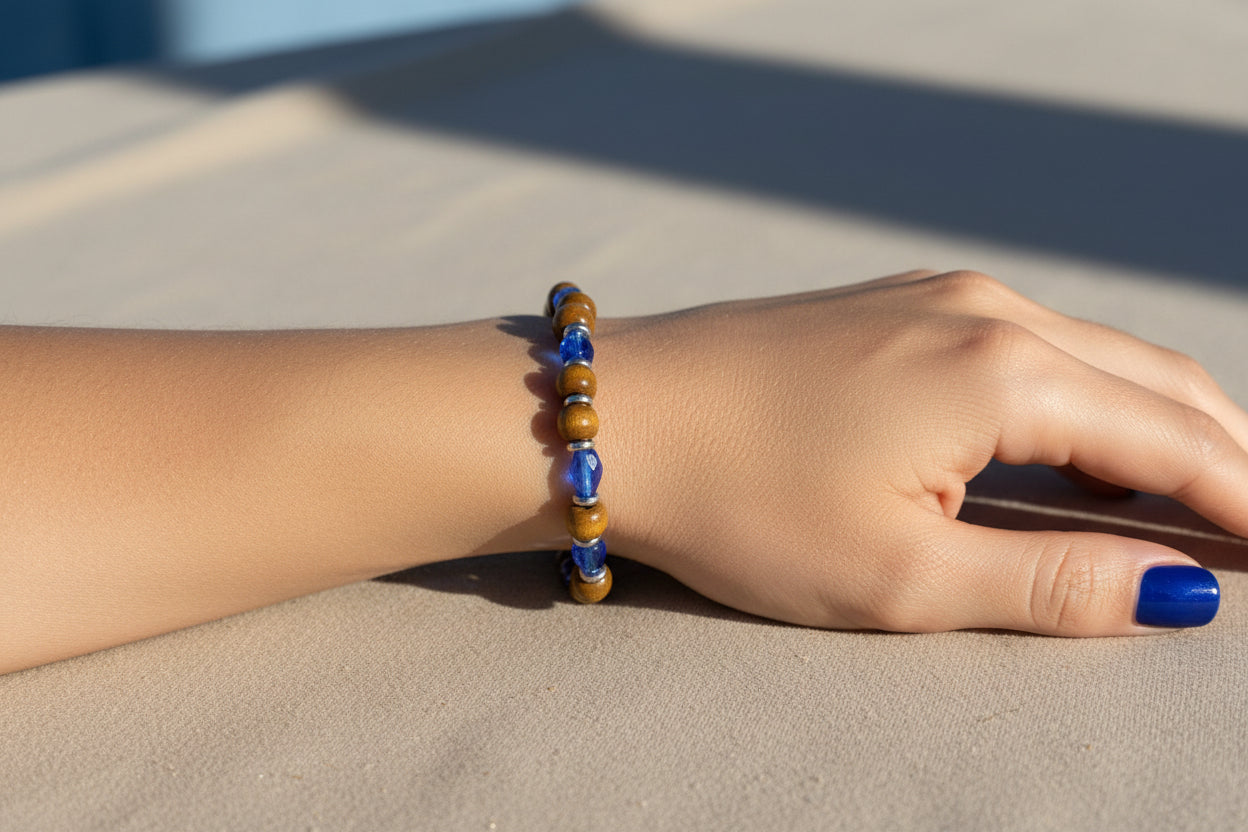 Brown Wood & Blue Glass Beaded Bracelet with Silver Disc Spacers