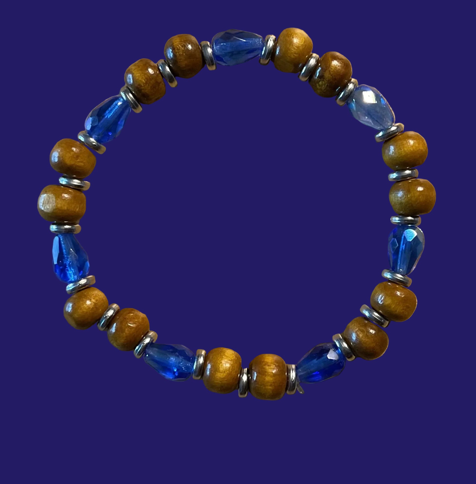 Brown Wood & Blue Glass Beaded Bracelet with Silver Disc Spacers