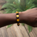 Black Glass & Light Brown Wood Beaded Bracelet