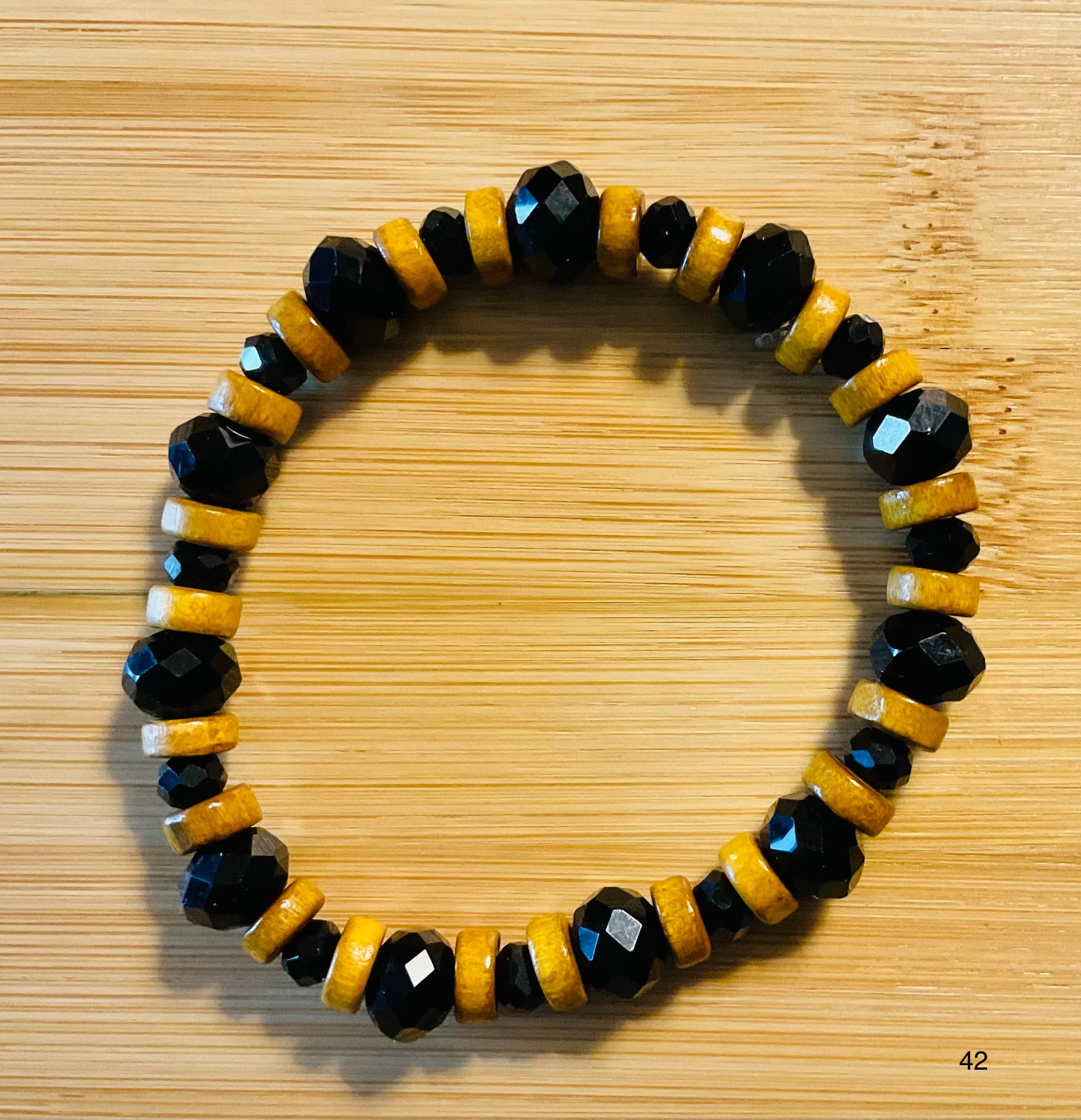 Black Glass & Light Brown Wood Beaded Bracelet