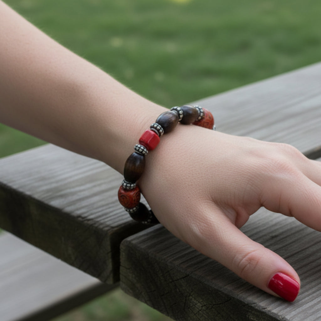 Dark Brown Oval Wood & Red Beaded Bracelet with Engraved Silver Spacers
