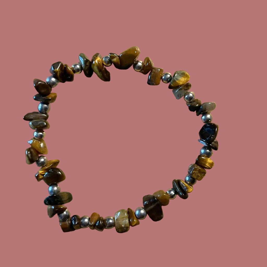 Tiger Eye Chip Stone & Silver Beaded Bracelet