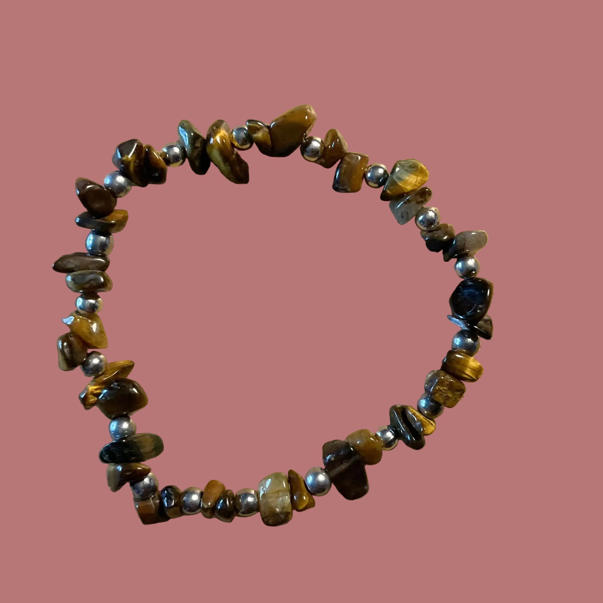 Tiger Eye Chip Stone & Silver Beaded Bracelet